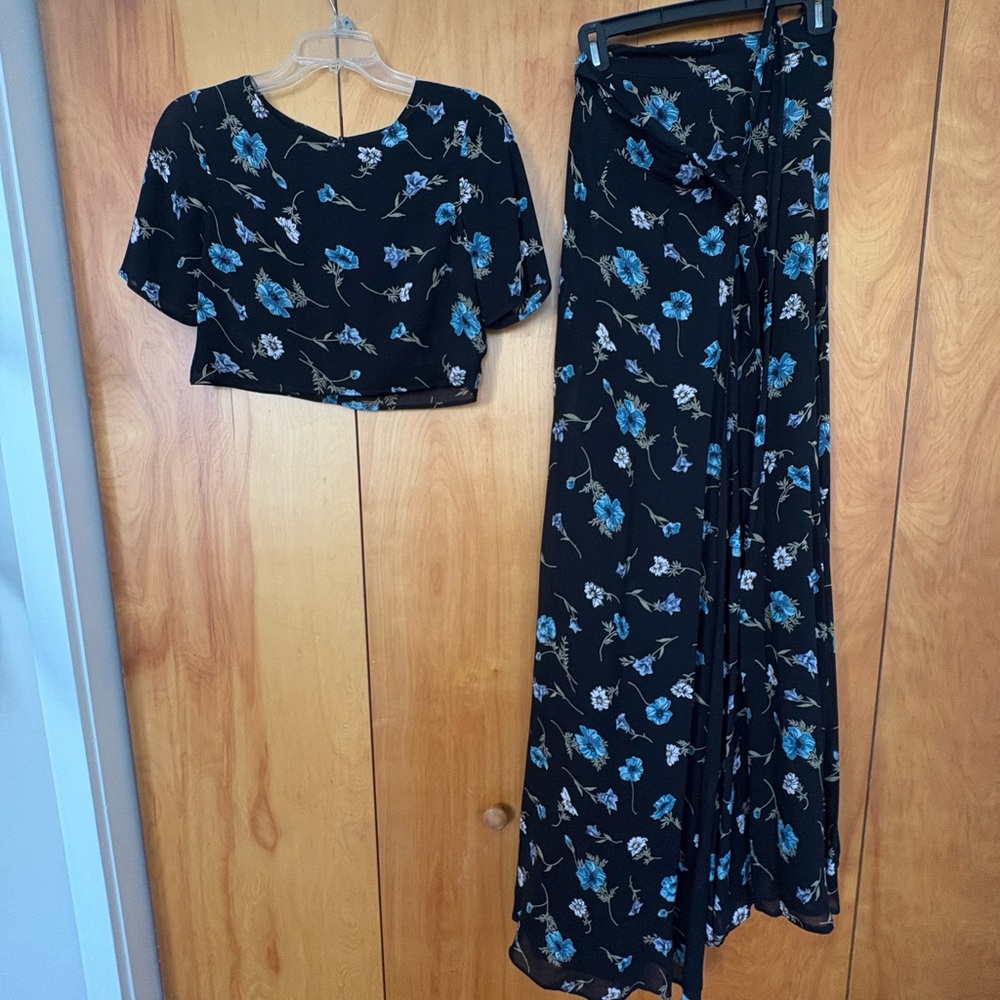 Reformation Black and Blue Floral Top & Maxi skirt set